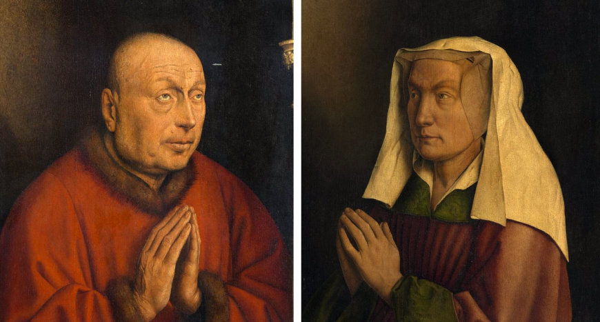 The patrons, Jodocus Vijd (left), and Vijd's wife, Elizabeth Borluut (right) (detail) (detail), Jan van Eyck, Ghent Altarpiece (closed), completed 1432, oil on wood, 11 feet 5 inches x 7 feet 6 inches (closed), Saint Bavo Cathedral, Ghent, Belgium (photos: Closer to Van Eyck)